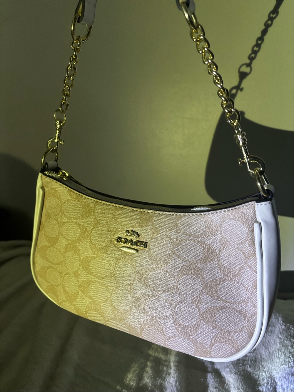 Coach Beige Signature Jacquard Shoulder Bag with Gold Chain